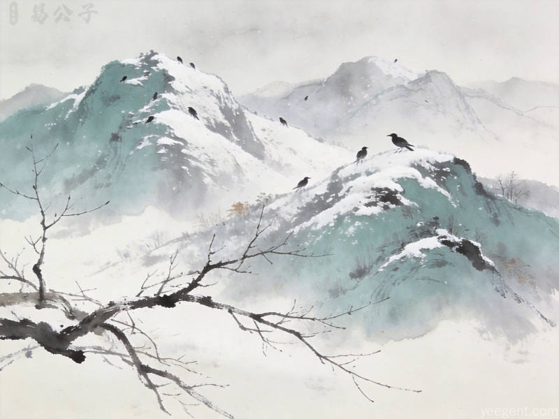 水墨冬山薄雪与寒鸦枯枝的留白景致,清冷空寂,烘托深秋初冬添衣怀人氛围