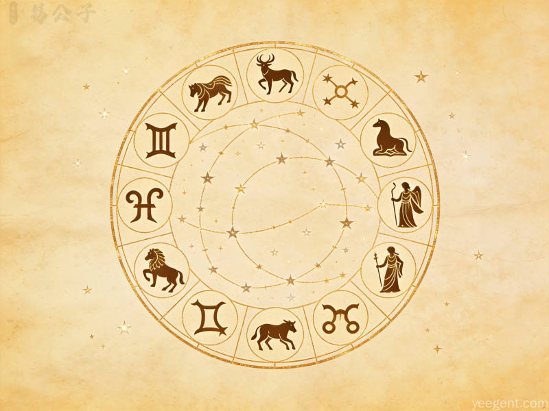 羊皮纸底复古星图与金色星座剪影环列，古雅学术，呈现千年星座文化的经典样貌