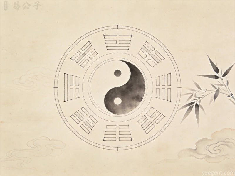 工笔罗盘太极图配竹枝祥云，体现干支历法文化的典雅韵味
