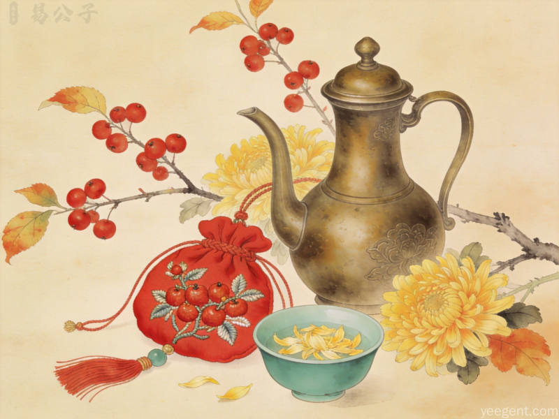 工笔茱萸香囊与菊花酒壶静物,青瓷盏配秋菊,古朴雅致暖色调