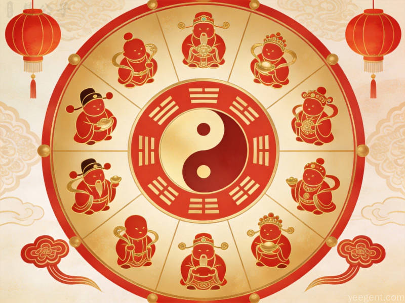 红金配色圆形轮盘上十二位神像各持吉祥器物环绕太极,灯笼如意点缀,喜庆而庄重