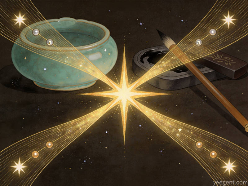 金色八芒星向四角延伸四道光带，末端星点数量各异，青瓷笔洗墨锭相伴，典雅神秘