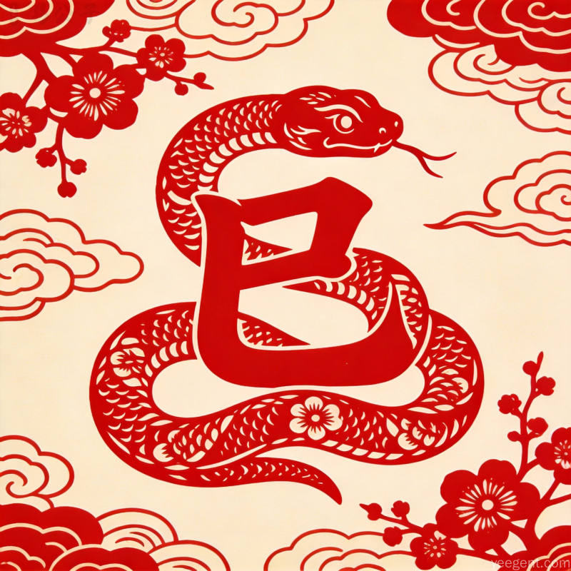 青花瓷风格蛇形纹样,蓝白相间清雅脱俗,点缀莲花与祥云图案,古典雅致气质