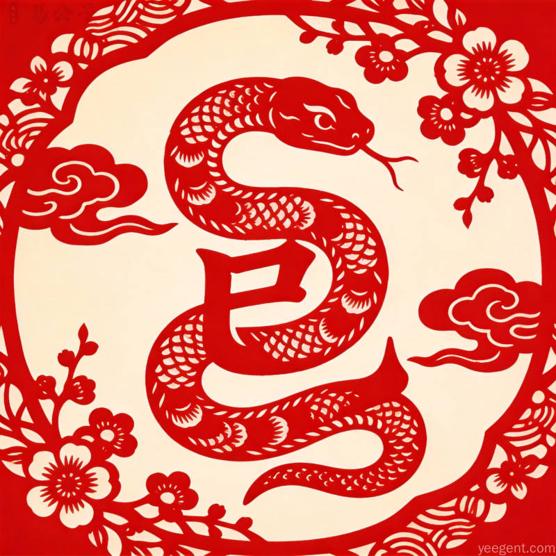 金色勾勒风格蛇形图腾,线条流畅细腻,背景配以祥云与如意纹样,富贵华美氛围