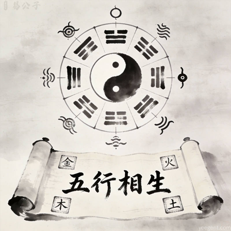 水墨画风格命盘展示五行相生相克,古籍卷轴背景的养生配图