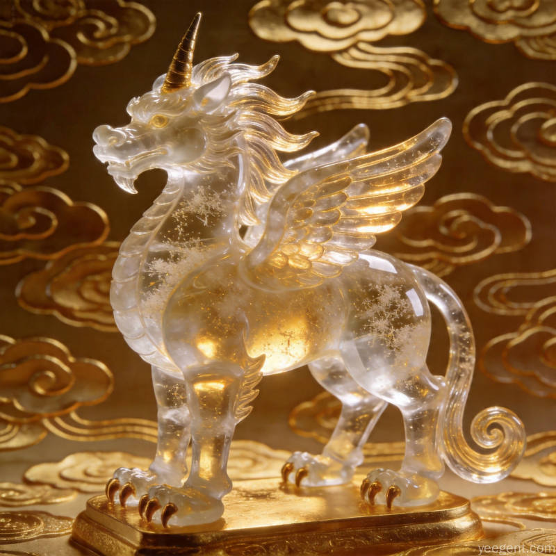 水晶独角神兽摆件:透明水晶材质,寓意聚财纳福