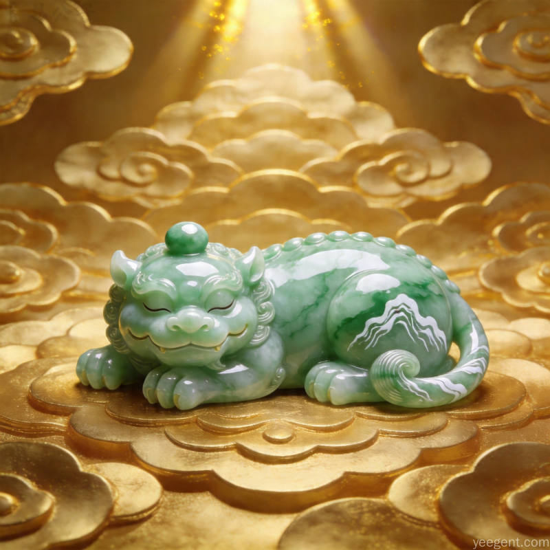 翡翠貔貅摆件:翠绿玉石雕琢,憨态可掬,象征增旺财位进宝