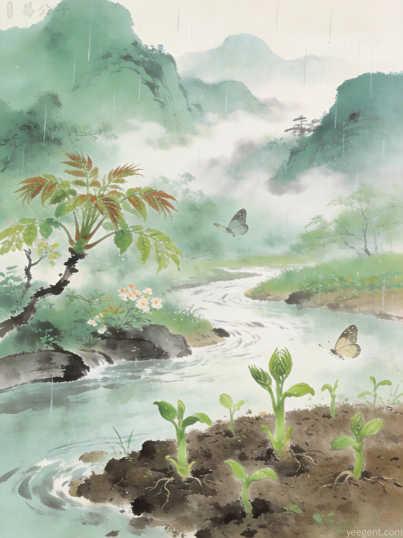 香椿树新芽绽放,蝴蝶翩翩飞舞,体现温润清新氛围