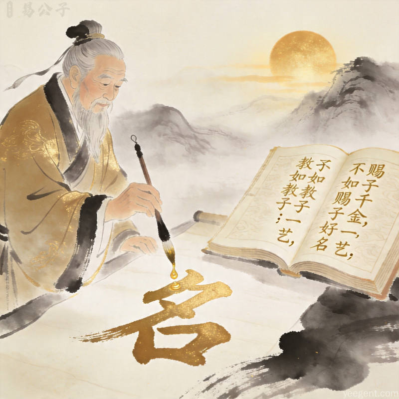 国风书法插画:长者挥毫书写名字,寓意姓名传承的重要性