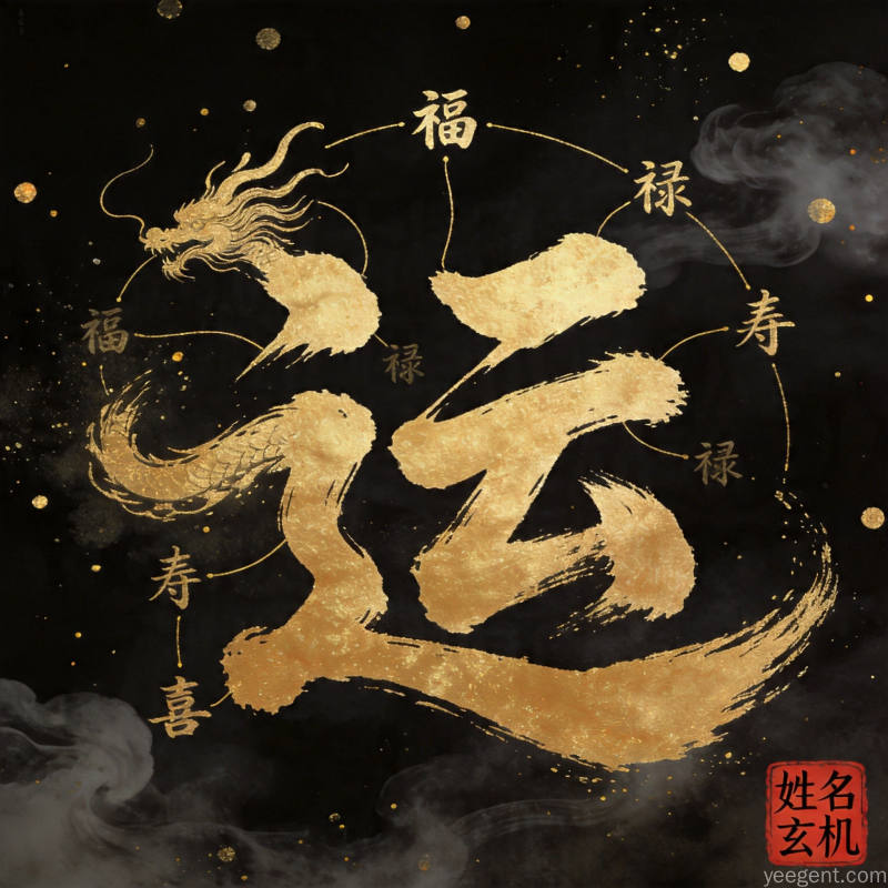 姓名与运势图:黑金龙纹环绕大运字,象征姓名影响命运