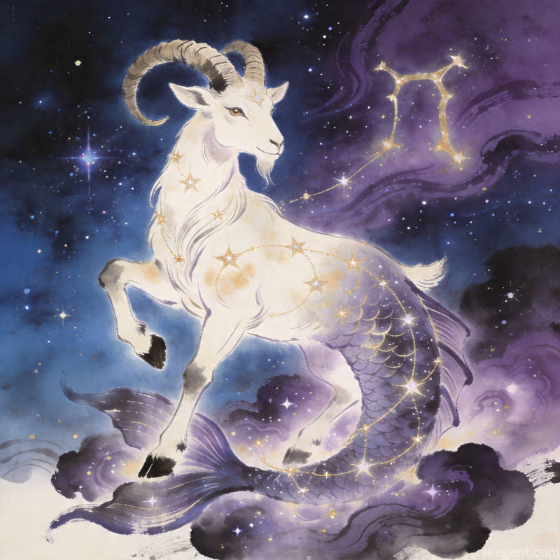 传统命理学摩羯文化图:摩羯座符号与山巅星空风格的概念插图