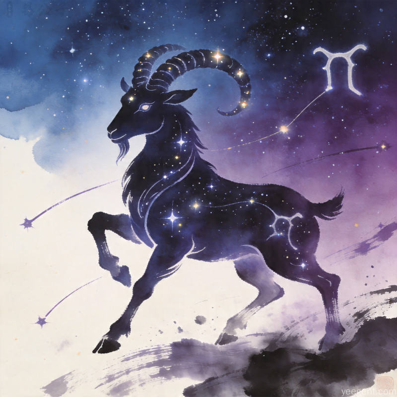 传统命理学摩羯文化图:摩羯座符号与山巅星空风格的概念插图