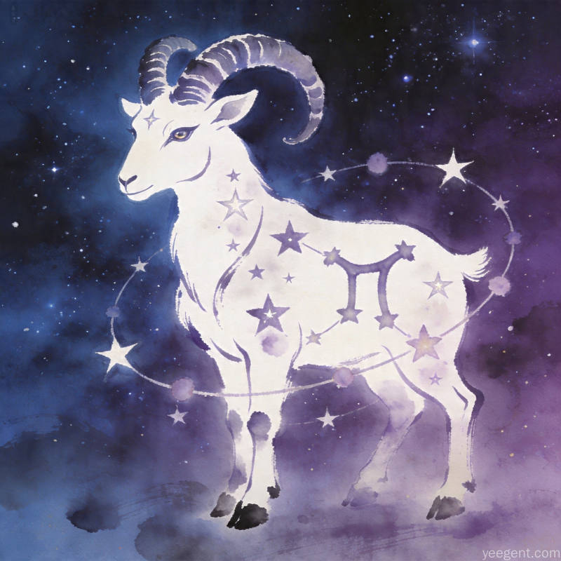 传统命理学摩羯文化图:摩羯座符号与山巅星空风格的概念插图