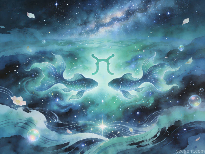 传统命理学双鱼文化图:双鱼座符号与浪漫星海风格的概念插图