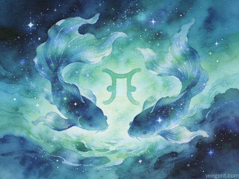 传统命理学双鱼文化图:双鱼座符号与浪漫星海风格的概念插图